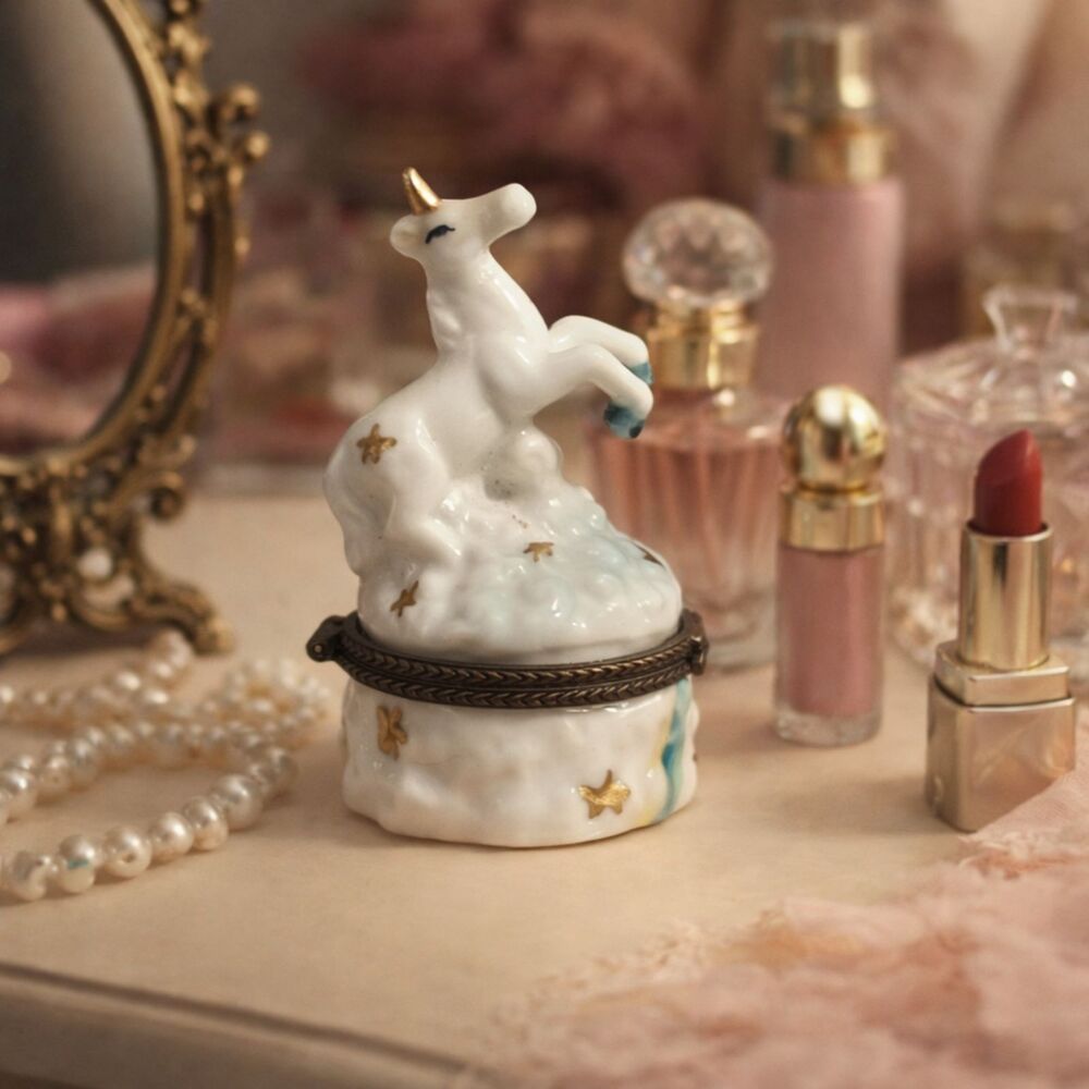 Vintage Porcelain Unicorn Trinket Box Gold Stars Hinged 3"